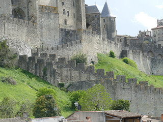 Exterior view of the fortress and citadel walls and towers o of medieval Carcassonne