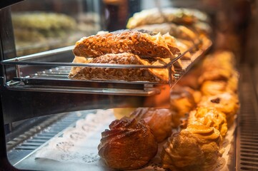 Close-up shot of fresh baked sweets in a store