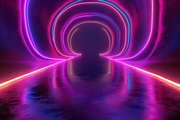 A dark tunnel illuminated by neon lights, creating a vibrant and colorful pathway