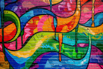 Colorful graffiti painting covering an urban brick wall with various shapes and patterns