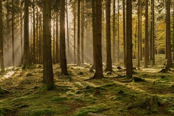 Closeup shot of trees in a forest and the ground covered in moss on a sunny day