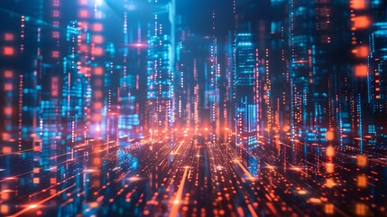 Virtual office buildings emerging from lines of code, forming a digital cityscape in a cyberspace environment