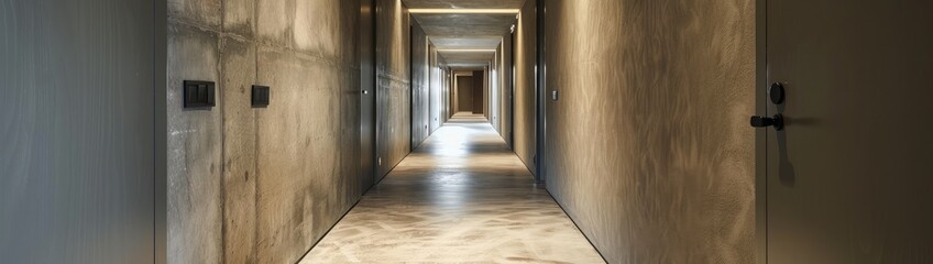 Concrete corridor to the guest room at riverside hotel in holidays --ar 53:15 --v 6.0 - Image #1 @kashif320