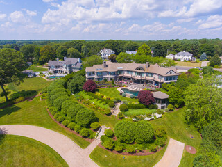 Historic waterfront mansions aerial view at North Hampton State Beach in summer in town of North Hampton, New Hampshire NH, USA.  - obrazy, fototapety, plakaty
