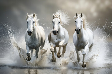 Group of white horses running in the water, AI generated