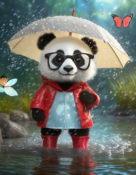 Panda fofo na chuva com roupa guarda-chuvas e borboletas