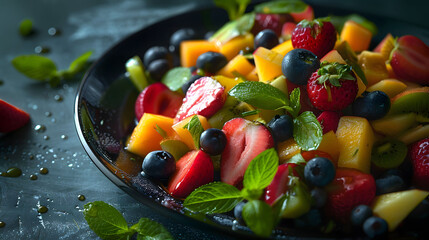 Colorful summer fruit salad on a black plate with mint leaves and mixed berries