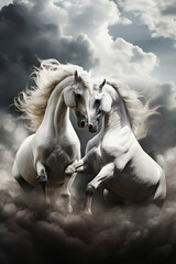 Obraz na płótnie Canvas White stallion horses fighting on the beach, AI generated