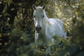 Portrait of a white horse in a thicket, AI generated
