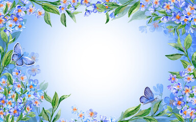 Banner Forget-me-not with Butterflies and blue blur background