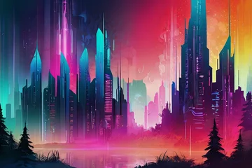 Fototapeten Experience the fusion of an enchanted forest and futuristic cyber city in a colorful gradient background. © Amila Vector
