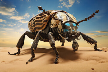 Stylized Goliath beetle in the sand, AI generated - obrazy, fototapety, plakaty