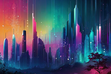 Experience the fusion of an enchanted forest and futuristic cyber city in a colorful gradient background. - obrazy, fototapety, plakaty