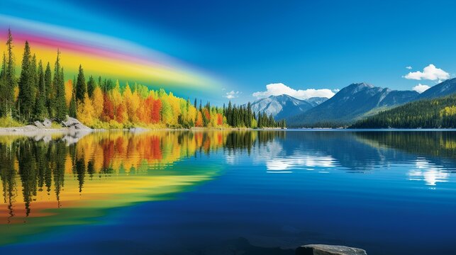 A serene lake reflecting the LGBT flag's vibrant colors on a calm day.