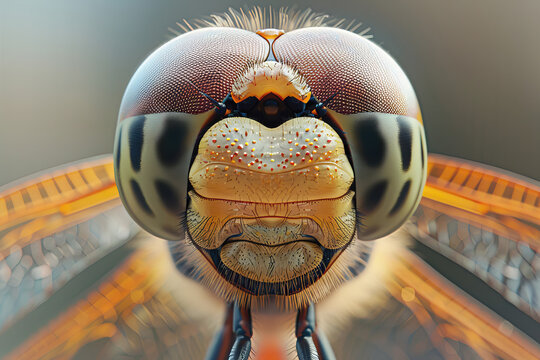 Stylized macro photography of a dragonfly head, AI generated