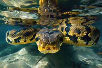 Large anaconda swimming under water, AI generated