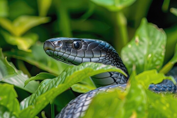Venomous black mamba in green leaves, Africa, AI generated