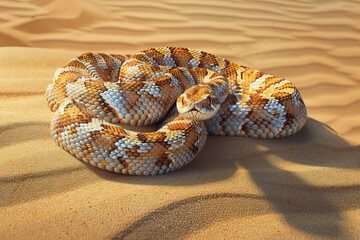 Stylized puff adder in the desert sand, Africa, AI generated