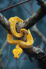 Stylized yellow tree snake wrapped around branches, AI generated