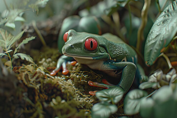 Stylized green tree frog with red eyes, America, AI generated