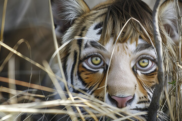 Imaginary tiger with human face and eyes, AI generated