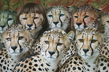 Imaginary cheetahs with human faces and eyes, AI generated