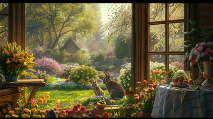Fototapeta na wymiar An art piece showcasing a rabbit sitting on a table in front of a window, set against a natural landscape with plants, flowers, and trees AIG42E