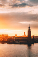 Stockholm, Sweden. Scenic Skyline View Of Famous Tower Of Stockholm City Hall. Building Of...