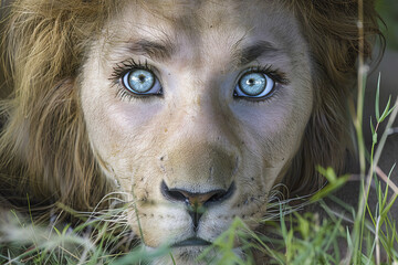 Imaginary Angola lion with human eyes, AI generated