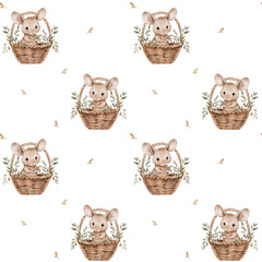 Little mouse in a basket with florals. Watercolor seamless pattern - 774109766