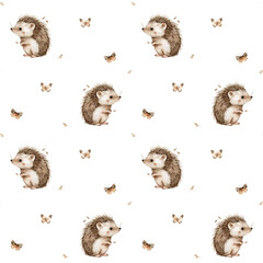 Hedgehog and butterflies. Watercolor seamless pattern - 774109798