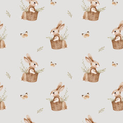 Bunny with a basket of plants. Watercolor vector seamless pattern - 774109918