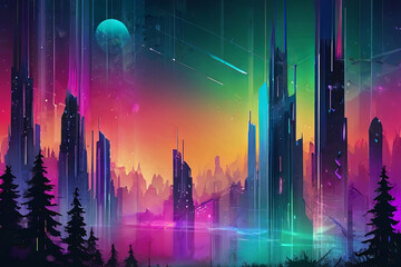 Experience the fusion of an enchanted forest and futuristic cyber city in a colorful gradient...