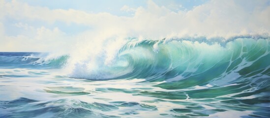 Fototapeta premium The powerful force of a large wave breaking on the sandy shore of a beach, creating a dramatic scene with splashes and foam