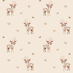Cute little deer and butterflies. Watercolor vector seamless pattern - 774109978
