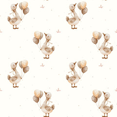 Cute little goose with balloons. Watercolor vector seamless pattern - 774110111
