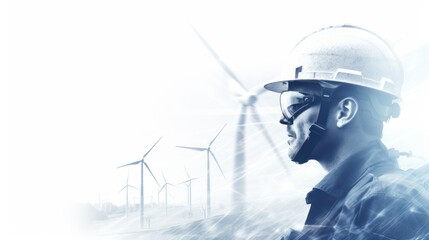 engineer man ware safety helmet and solar cell and wind mill, technology, turbine, energy, renewable, generator, sky, power, industrial, alternative, worker, hardhat, electricity