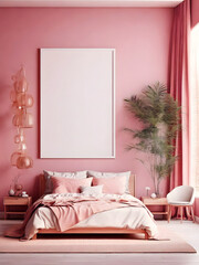 A living room with a pink wall and couch with frame template.