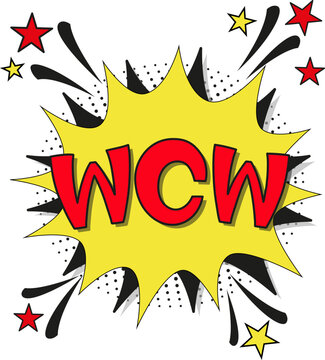 abbreviation wcw (woman crush wednesday) in retro comic speech bubble with halftone dotted shadow