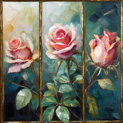 Oil painting with flower rose, leaves. Botanic print background on canvas