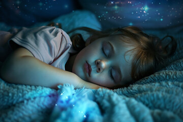 Adorable little girl child sleeping in the bed