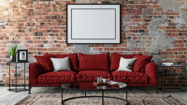 Living room interior with red sofa, coffee table and mock up poster. 3d render. AI generative.