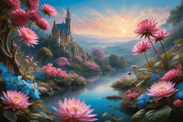 fantasy landscape with colorful flower, palace and mountain background
