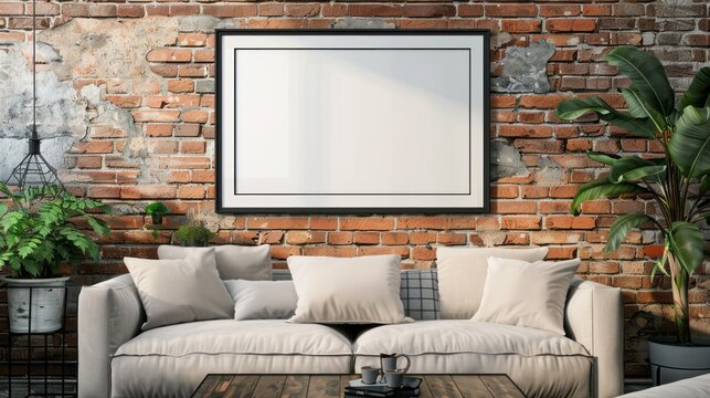 Living room interior with white sofa, coffee table and mock up poster. 3d render. AI generative.