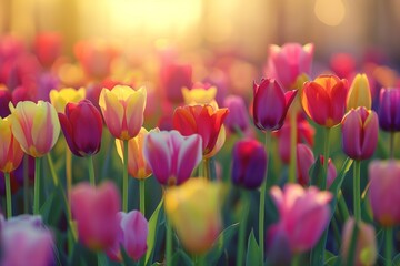 colorful tulip flower field with a blurred background in springtime, colorful tulips blooming on a meadow at sunset