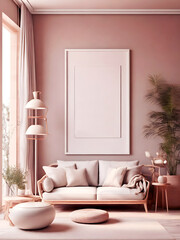 A living room with a pink wall and couch with frame template.