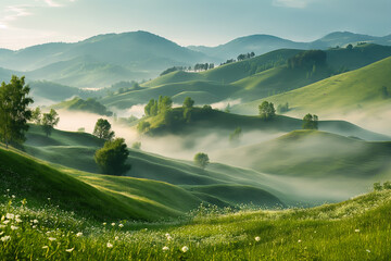 The hills in the fog. Misty landscape in a winter morning