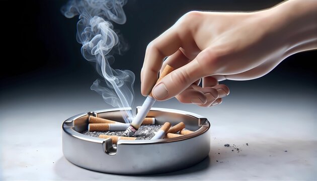 Stop smoking concept with Hand putting off a cigarette in ashtray for No Tobacco day