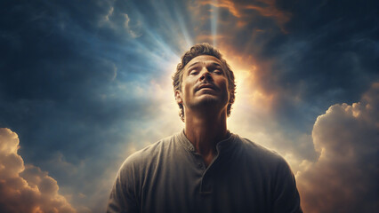 A man experiencing spiritual light from the sky - obrazy, fototapety, plakaty