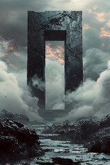 Dramatic and Enigmatic Dimensional Portal Towering Over Misty Landscape in Moody Cinematic Atmosphere